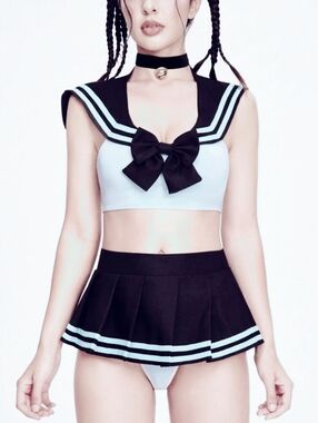 Black & White, J-Fashion Sailor Uniform Lingerie Set With Top, Skirt & Thong 2XL